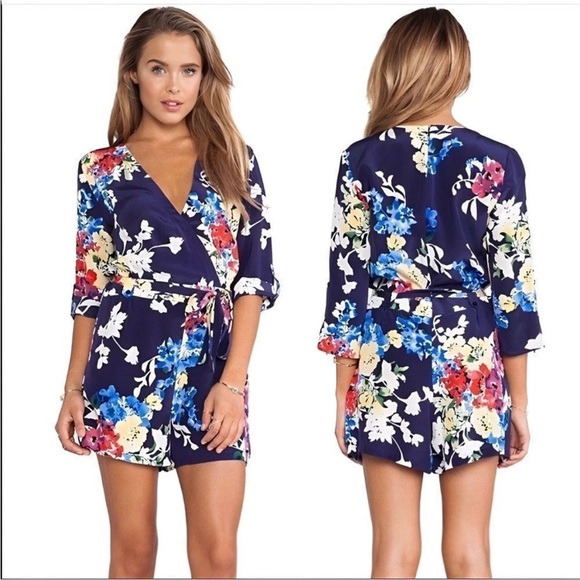 Yumi Kim Pants - YUMI KIM Womens Floral Romper Navy Blue Flowers Silk *MISSING BELT* L